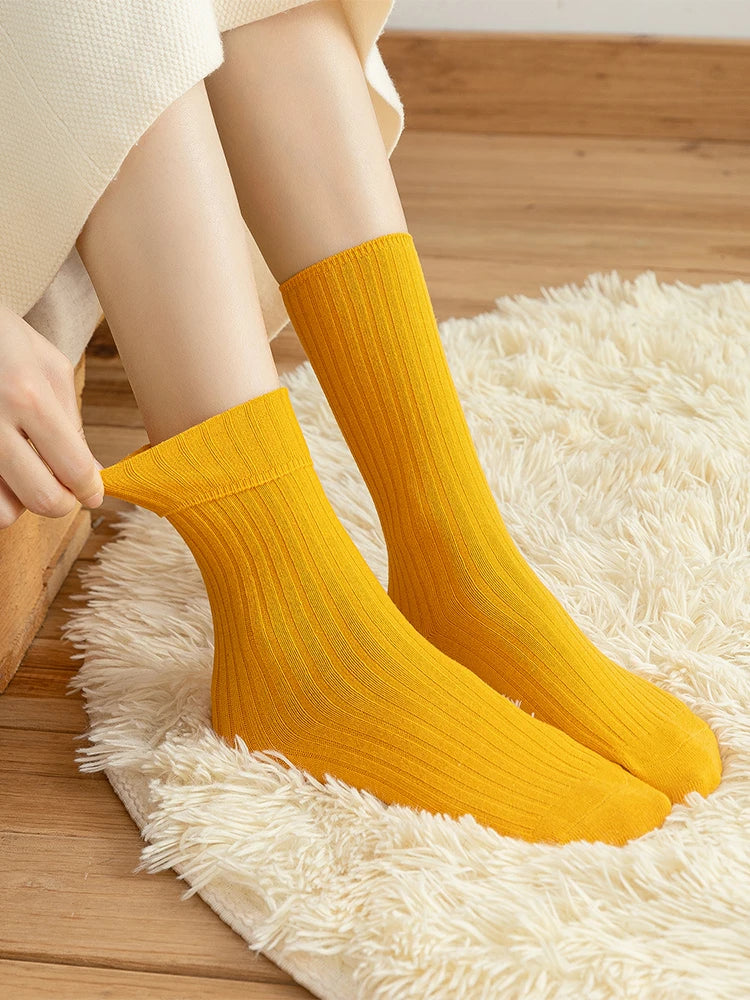 10Pairs Retro Women Cotton Loose Socks Autumn Winter Knitting Solid Color Long Black Korean Japanese Student Girls