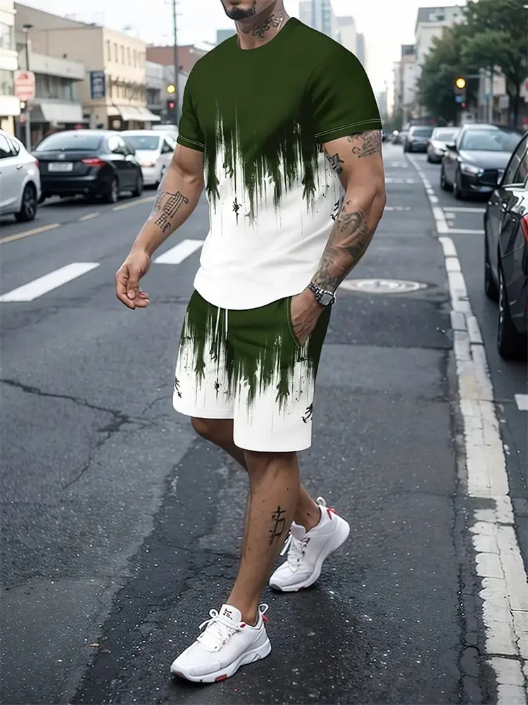 New Gradient Texture T-Shirt Men's Two-Piece Summer New Shorts Suit Fashion 3D Printing Street Casual Sportswear Men's Models