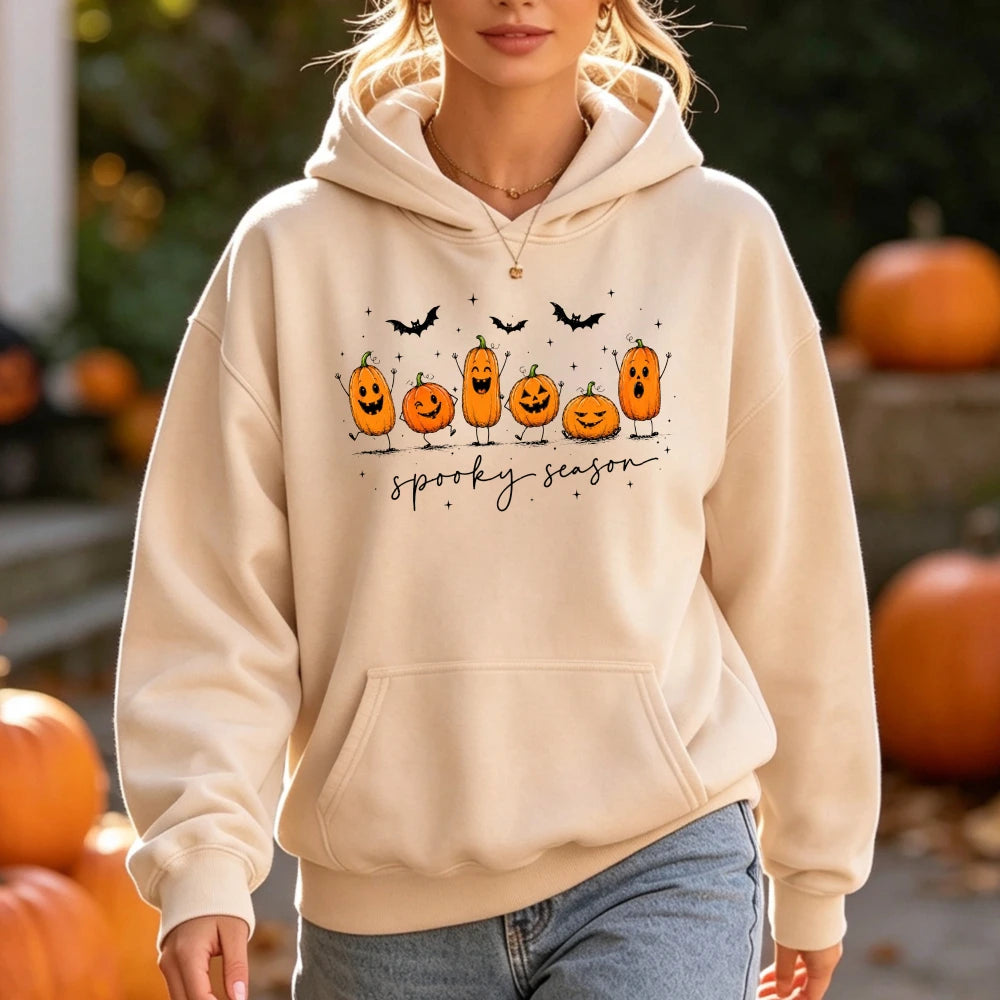 Spooky Season Cute Pumpkin Jack O Lantern Print Hoodie Women Halloween Fall Autumn Funny Graphic Long Sleeve Pullover Top