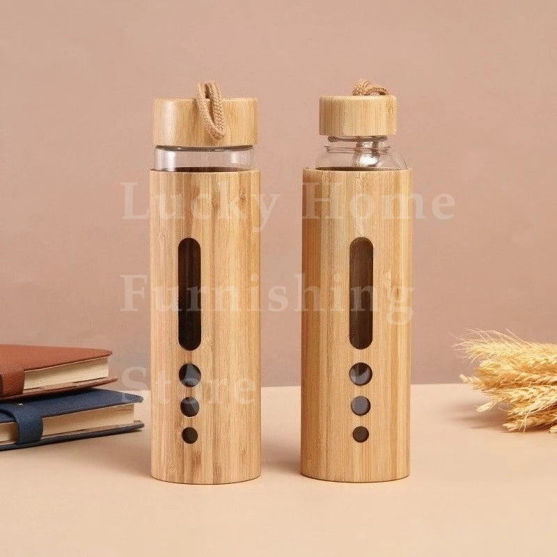 550ML Borosilicate Glass Water Bottle Bamboo Sleeve Cover Eco-Friendly Reusable Travel Drinkware Protective Tumbler Outdoor Cups