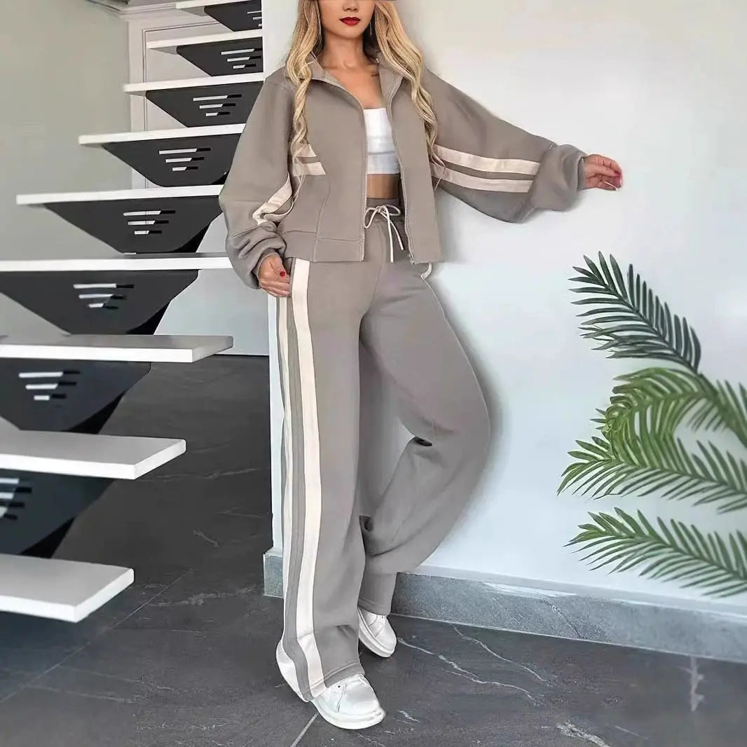 Women's Matching Two-Piece Sport Set Stand Collar Full Zip Cropped Top with Side Double Stripe Wide Leg Drawstring Waist Jogger