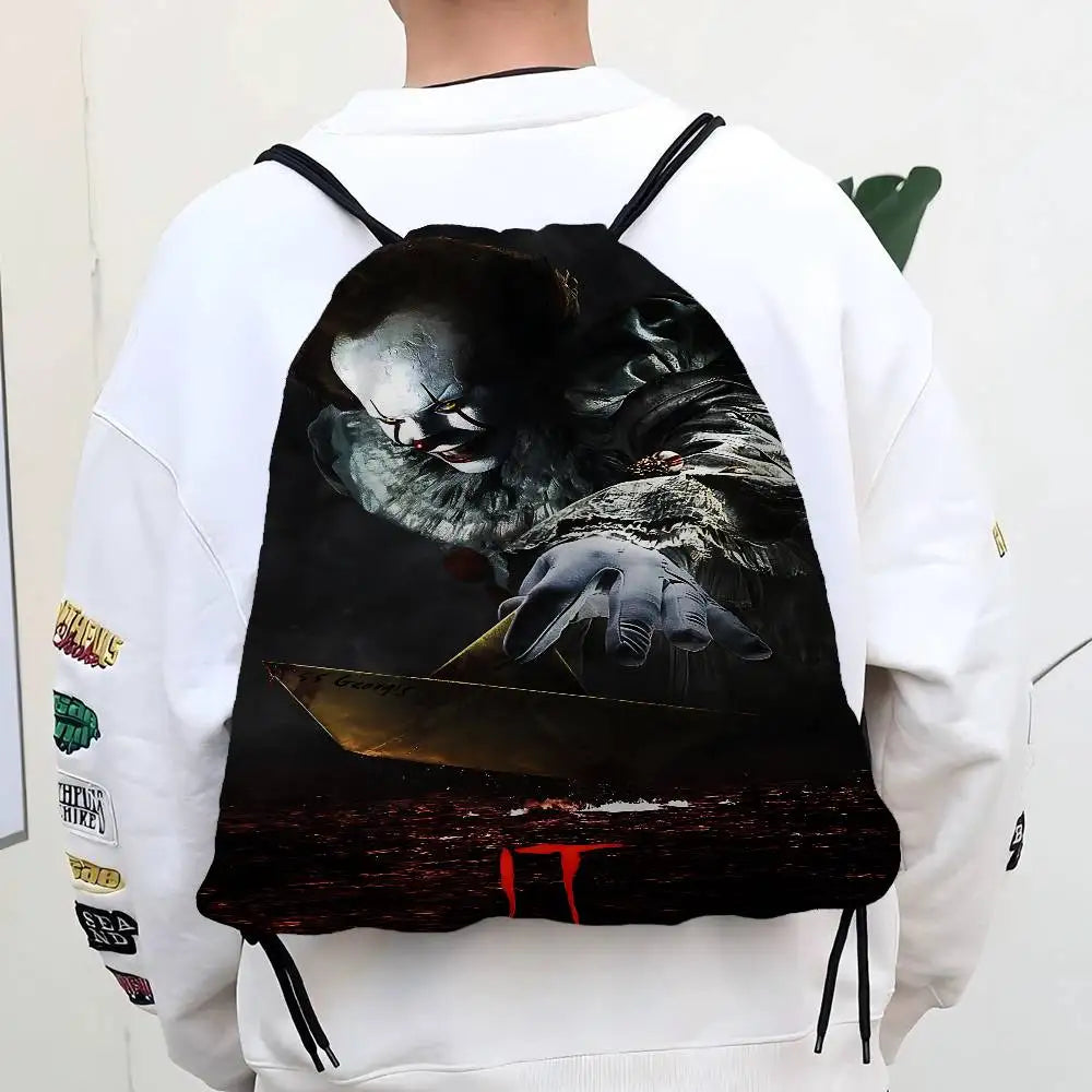 Horror Film I-It P-Pennywise Clown Drawstring Bags Sports Backpack Gym Sackpack Water Resistant String Bag For Cycling