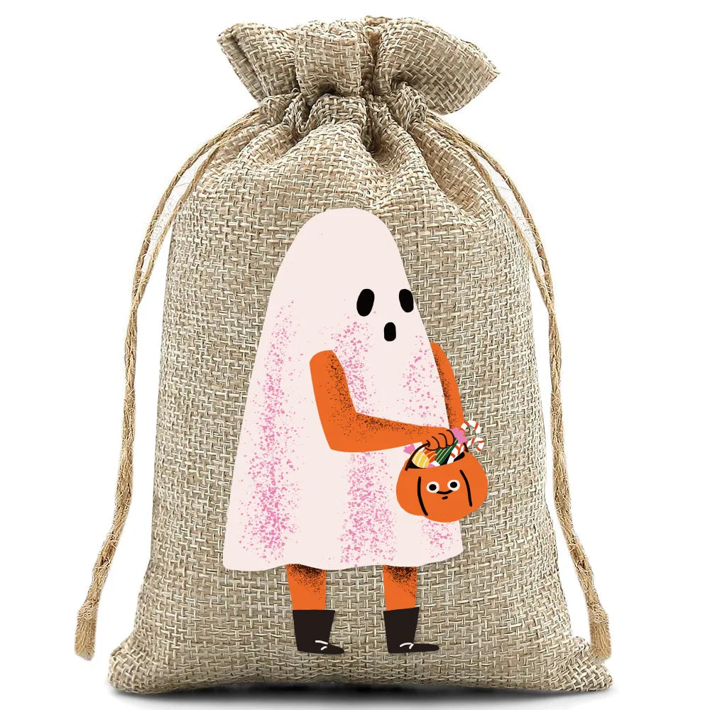 10pcs10X15cm Halloween Linen Drawstring Gift Bag Trick or Treat Party Children's Small Gifts Candy Packaging Storage Bag