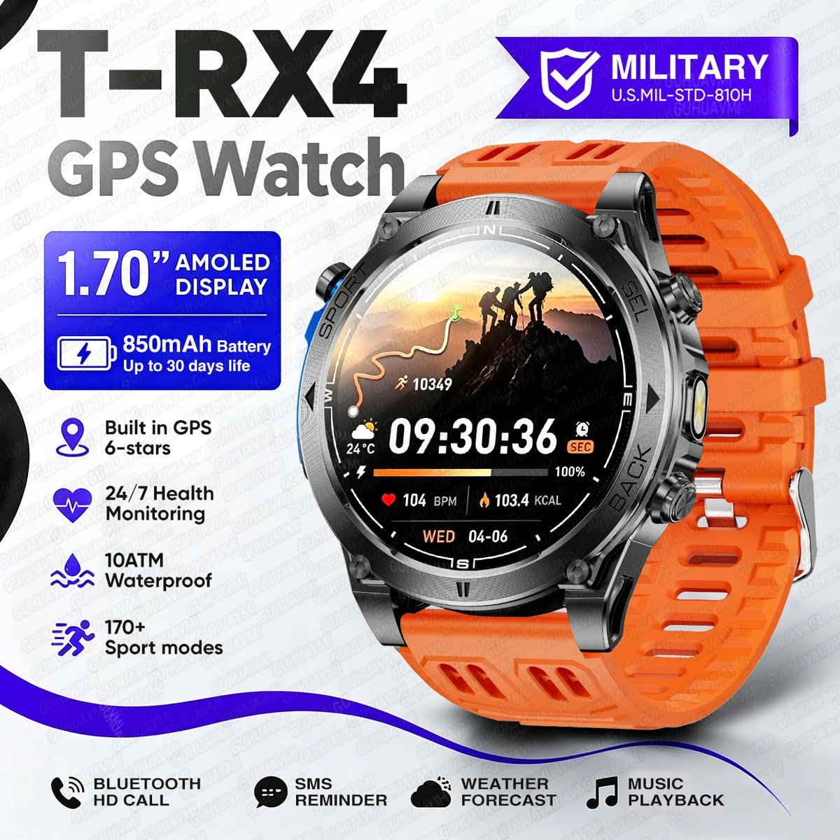 2026New Military T-RX4 Built in GPS Outdoor Smart Watch 10ATM Waterproof Compass  850mAh Battery 1.7”AMOLED Sports Fitness Clock