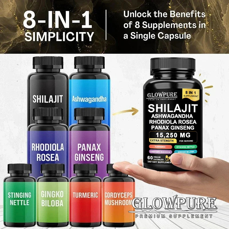 Shilajit Original Himalaya Supplements - 8 in 1 with Ginseng Ashwagandha for Brain, Memory, Concentration, Energy, Immune Health
