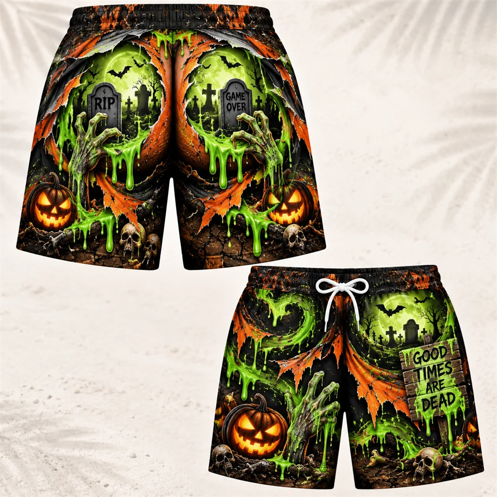 2026 Funny Halloween Fake Buttocks Board Shorts For Men 3D Jack O Lantern Print Loose Shorts Beach Elastic Waist Holiday Wear