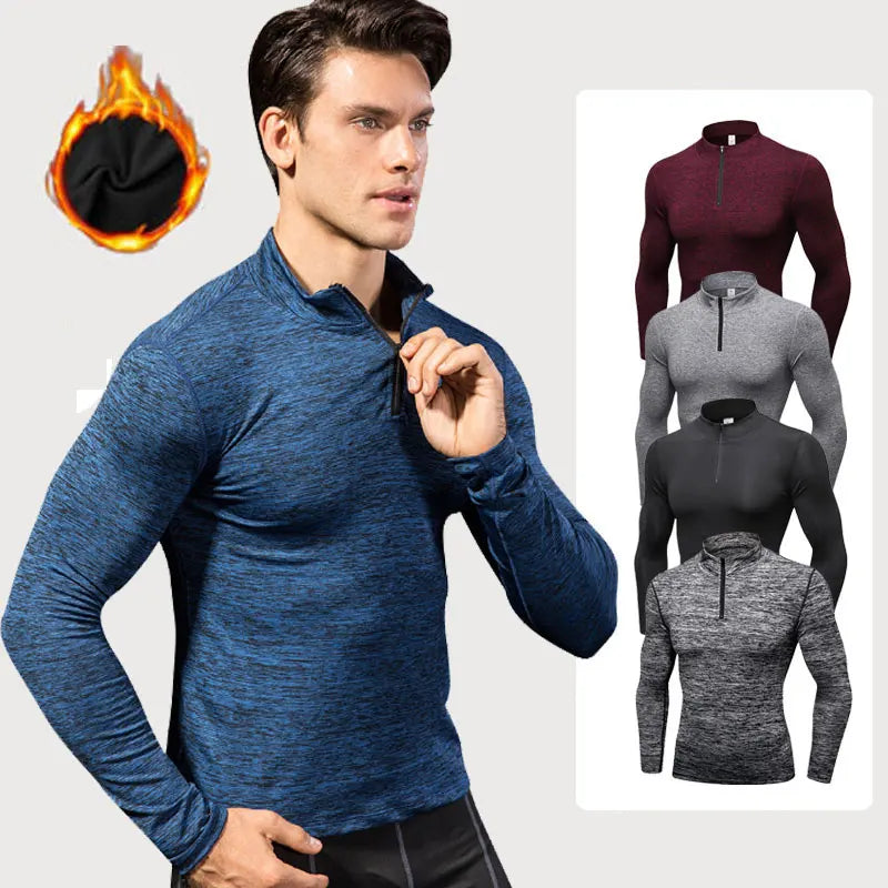 Winter Fleece Men's Fitness Running Training Long-Sleeved Elastic Warm Tight Stand-Up Collar Hoodie Zipper Compression Shirt