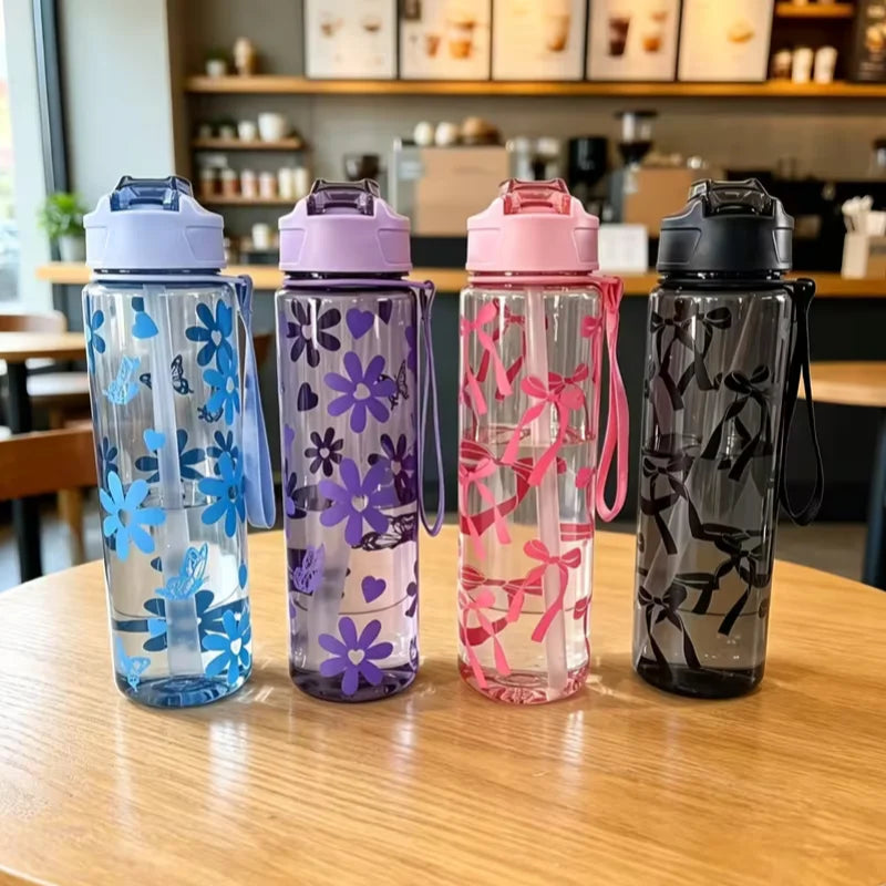 750ML Floral Bow Large Capacity Water Bottle Fresh Easy High Aesthetic Straw Cup with Handle Portable Suitable for Travel