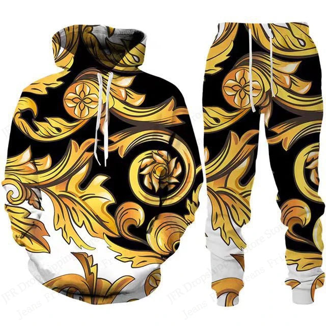 Mens Two Piece Hoodie Pant Sets Golden Pattern 3d Print Sets Men Women Fashion Hoodie+Pant 2 Piece Suit Sports Tracksuit Comfort