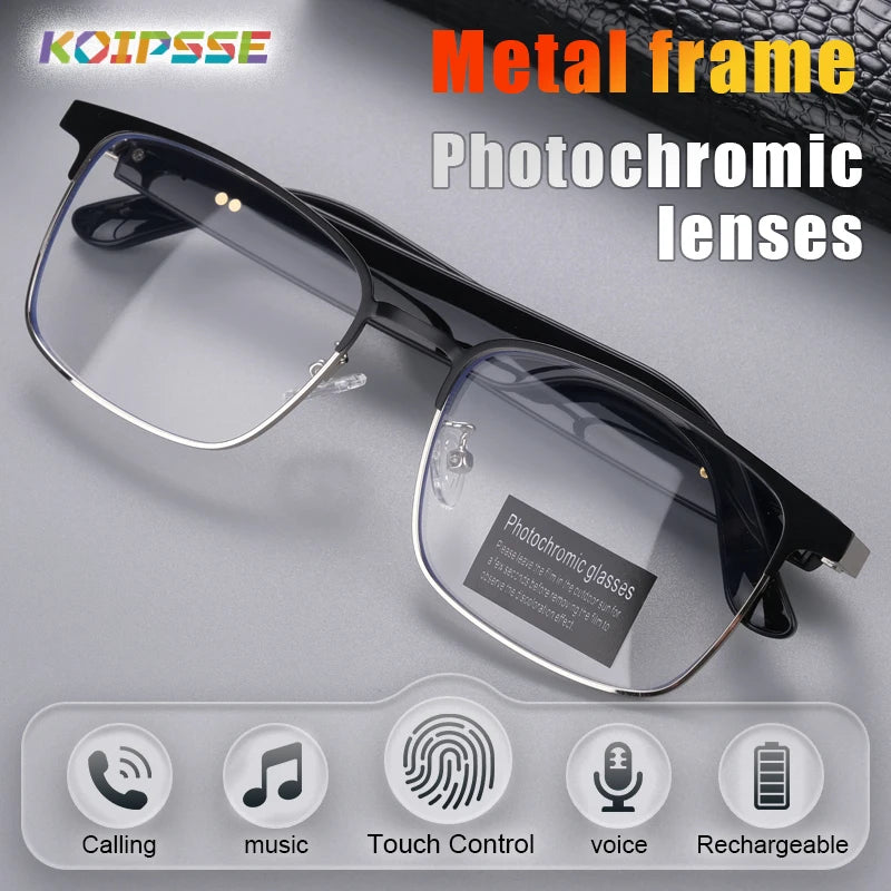 Koipsse Smart Glasses Metal Frame Color-Changing Lenses Multi-Function Wireless Bluetooth Headset Call Dual Touch Men and Women