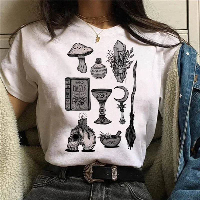T-shirts Short Sleeve Harajuku Graphic Top Shirts Street Costume Women Cartoon Witch Magic Tshirt Halloween Print