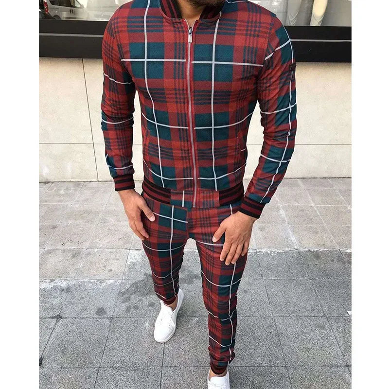 2-piece Autumn Winter New Men's Sports Set Clothes for Man Tracksuit Sport Checkered Zipper Sports Shirt Running Jogging Clothes