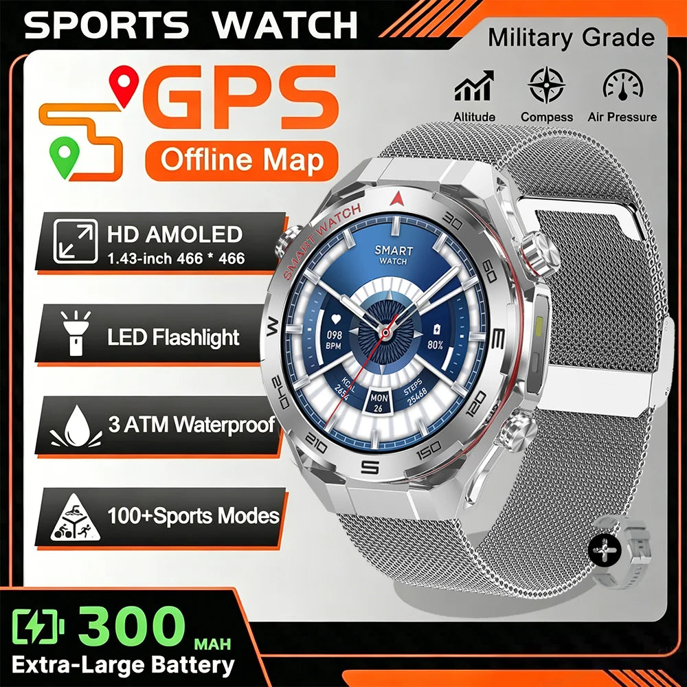 2026 New GPS Sports Smartwatch 300mAh Large Battery LED Flashlight Compass Barometer Military Grade Men's Smartwatch Gift