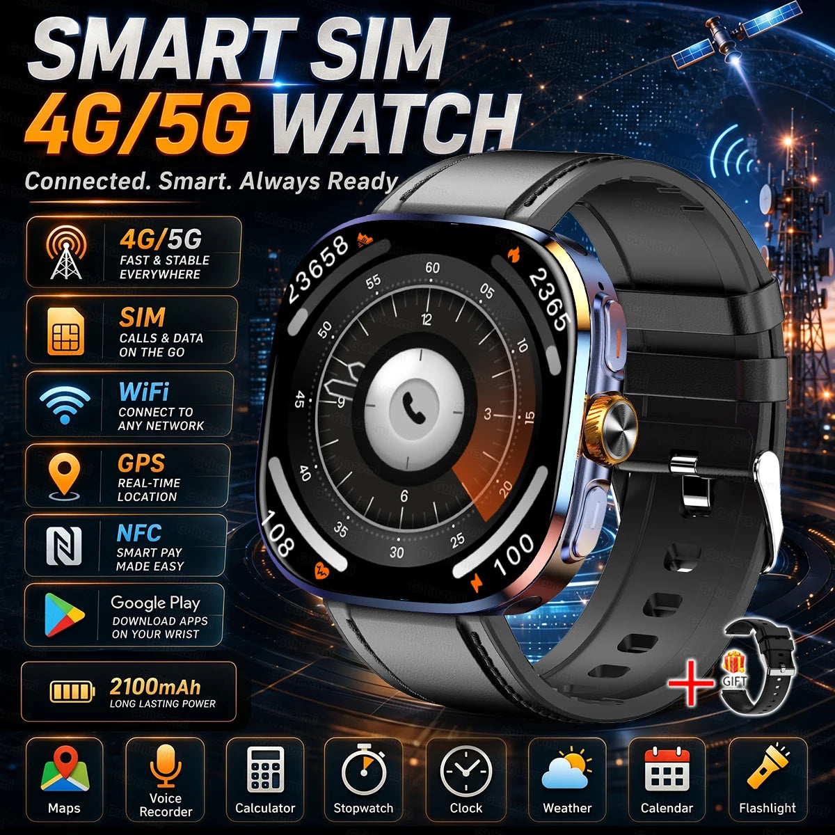 New upgrade 5G/4G Full Network Smart Watch AMOLED 2100mah Rotating Camera GPS WIFI Google APPS Download Smartwatch phone iOS