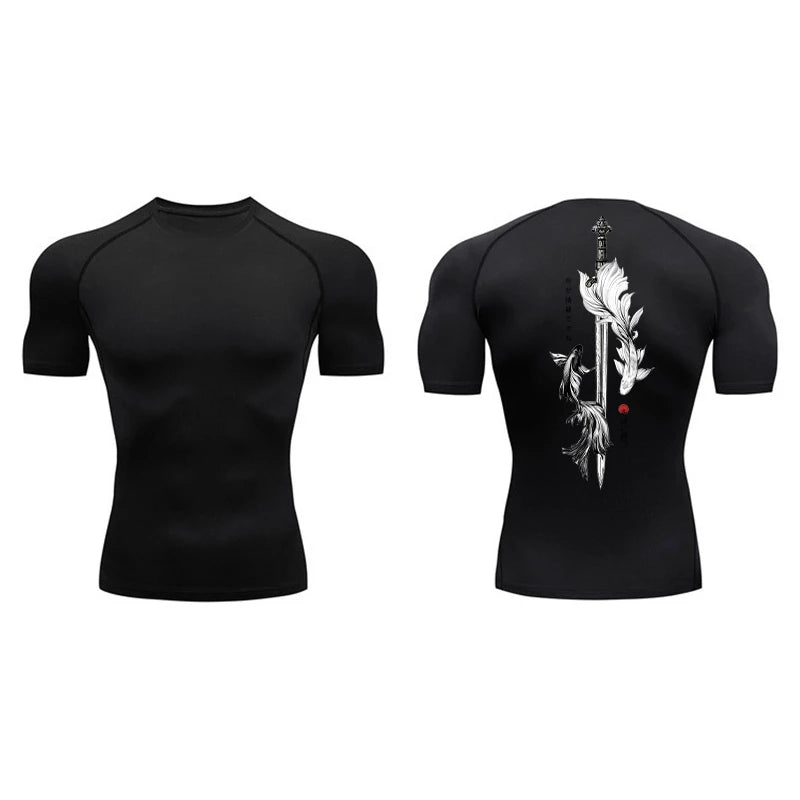 Yin Yang Sword Print Short Sleeve Compression Shirts for Men Summer Athletic Quick Dry T-shirts Gym Workout Running Tees Tops