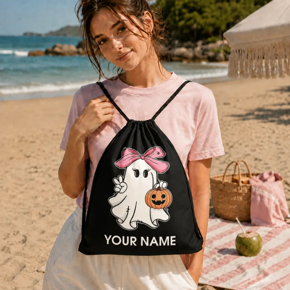 Personalized Name Halloween Ghost Drawstring Bag Bow Pumpkin Kids Trick Or Treat Sack Backpack 34x41cm
