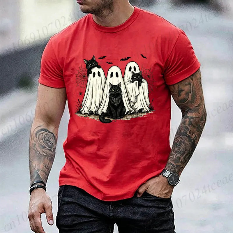 Retro Halloween Ghost & Black Cat Graphic T‑Shirt Men Women Spooky Ghost Cats Bat Spider Print Short Sleeve Holiday Party Tops