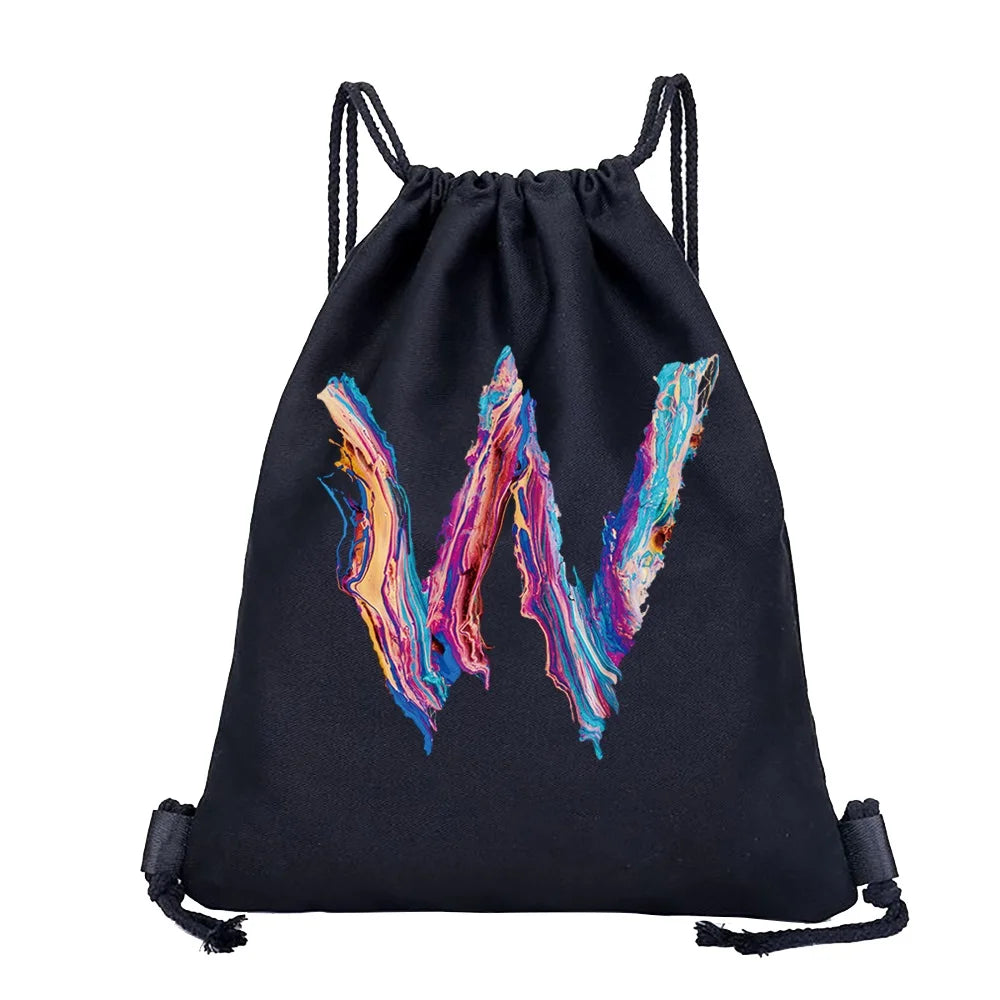 26 Initials Print Drawstring Bag Backpack Men and Women Beach Sports Travel Backpack Kid Gift Supplies Bag Portable Sundries Bag