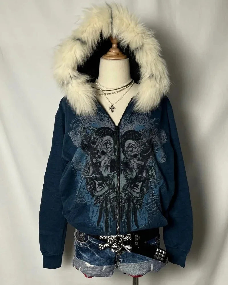 Y2K Gothic Eagle Print Zip Up Hoodie Men Women Vintage Washed Black Hooded Sweatshirt Grunge Streetwear Oversized Hoodie Jacket