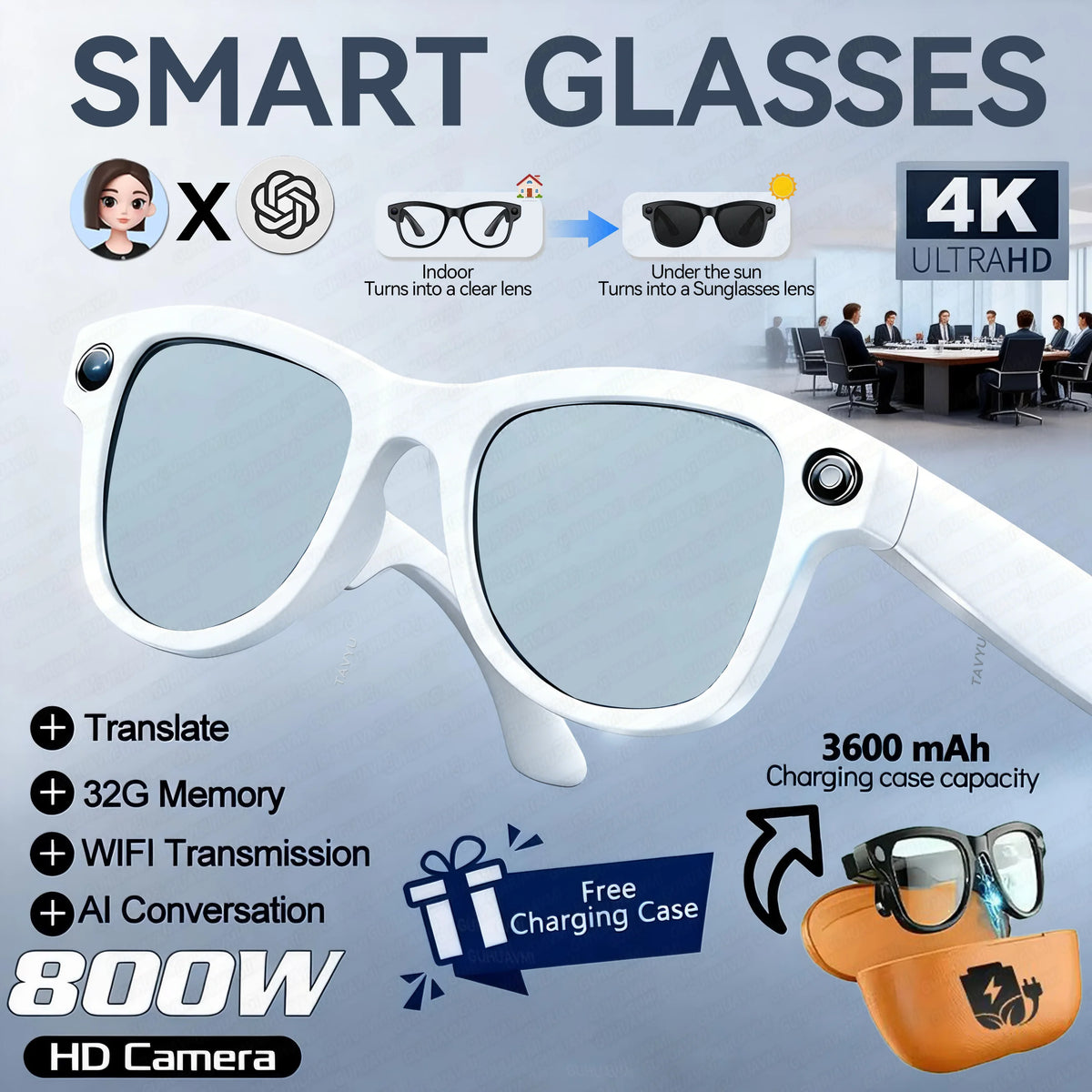 New 8MP HD Anti-shake Camera 3600mAh Charging Case Smart Glasses Women Photography Video Recording Translation AI Chat Glasses