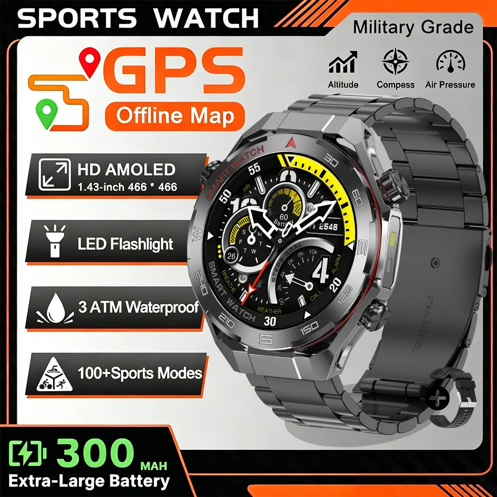 2026 New GPS Sports Smartwatch 300mAh Large Battery LED Flashlight Compass Barometer Military Grade Men's Smartwatch Gift