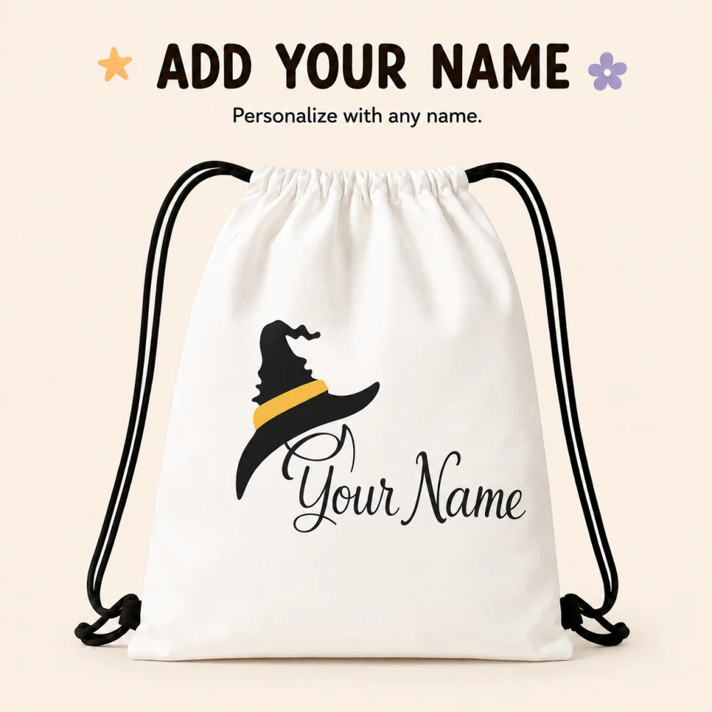Custom Name Minimalist Witch Hat Drawstring Backpack,Halloween Black Wizard Hat Yellow Band Print Lightweight String Storage Bag