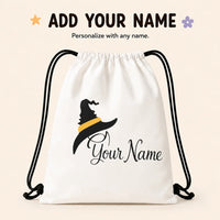 Custom Name Minimalist Witch Hat Drawstring Backpack,Halloween Black Wizard Hat Yellow Band Print Lightweight String Storage Bag