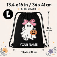 Personalized Name Halloween Ghost Drawstring Bag Bow Pumpkin Kids Trick Or Treat Sack Backpack 34x41cm