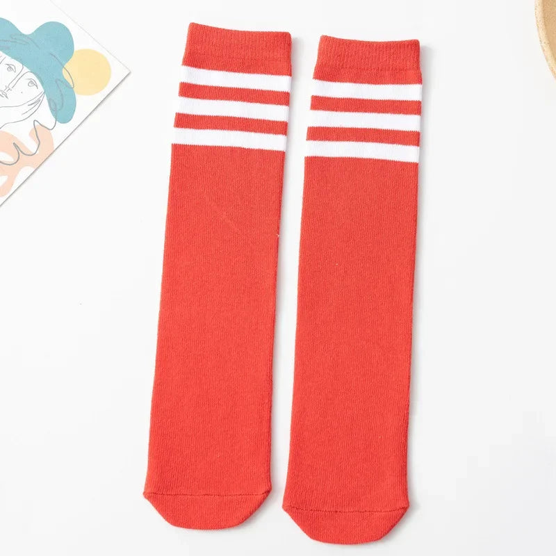 28cm Kids Soccer Socks Three Stripes Knee High Socks Cotton Sports Socks Toddler Boys Girls Uniform Tube Socks