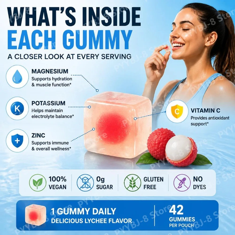 Electrolyte Gummies 100% Vegan, Zero Sugar, Gluten Free, with Magnesium Potassium Zinc and Vitamin C, 42 Gummies