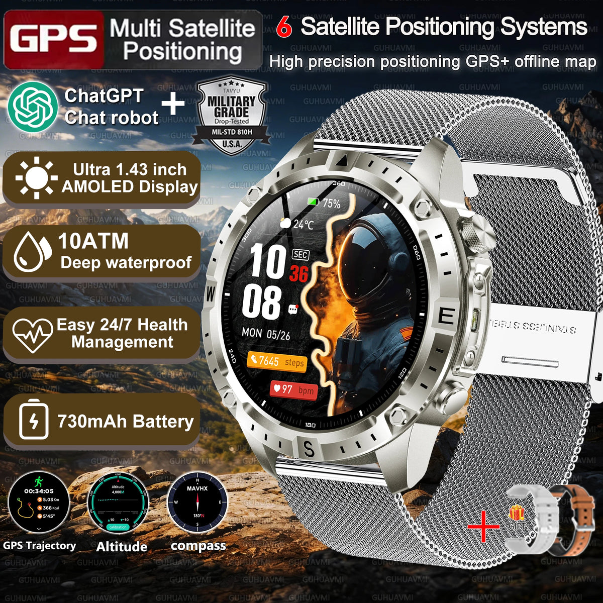 2026New Tank Grade Built in GPS SmartWatch Offline Map 10ATM Swim 2GB Music Compass Bluetooth Call Fitness Sports Smartwatch Men