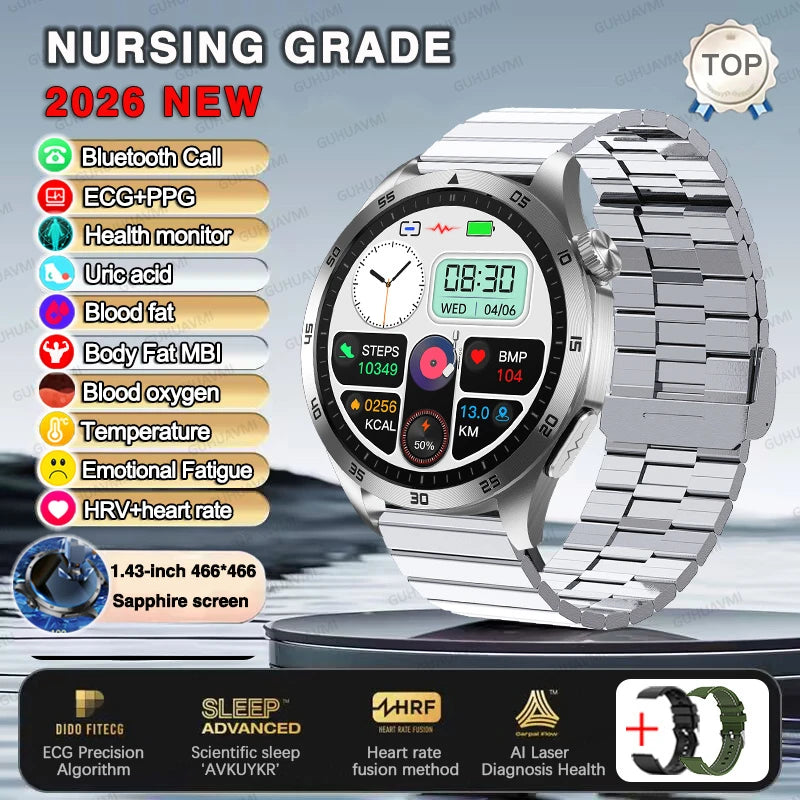 2026 New ECG+PPG Smart Watch Men Treatment Blood Pressure Uric acid Lipids Smartwatch Bluetooth Call Body analysis Health Clock