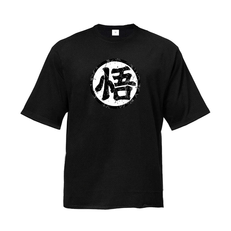 Japanese Anime Logo Wu Font Funny Printing Mens Loose Running T-shirt Summer Quick Dry Mesh Half Sleeve Gym Fitness Clothing