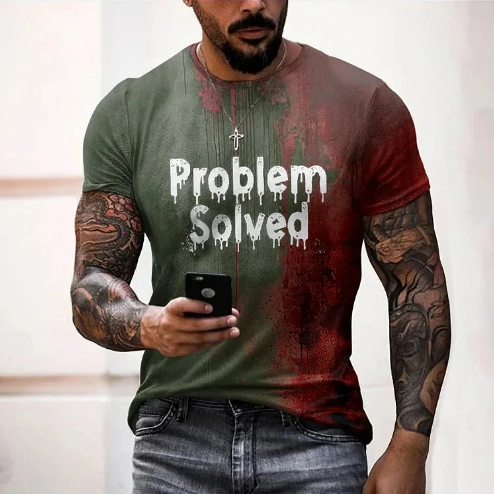Men's T Shirts Problem Solved Bloody Print Tees Fashion Horrible Halloween Short Sleeve Casual Round Neck Oversized T-shirt Tops