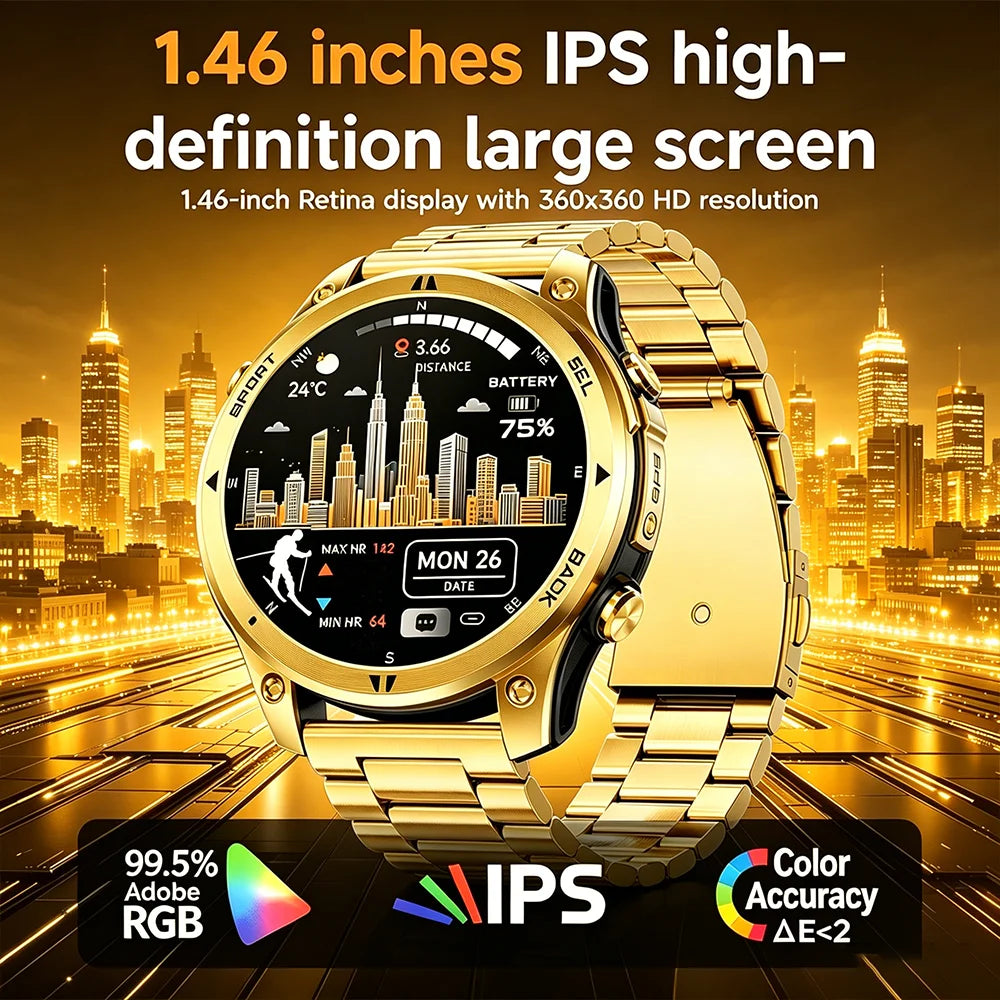 Gold Smartwatch for Men: 1.46-Inch AMOLED Screen, LED Flashlight, 560mAh Battery, 10ATM Waterproof, Bluetooth Call Smartwatch