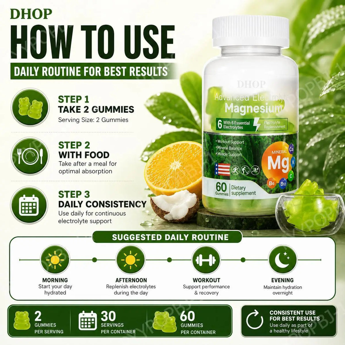 DHOP Electrolyte Gummies with Magnesium And Vitamins C B6 B12 - Mineral Balance Support 60 Count Advanced Gummy Supplement
