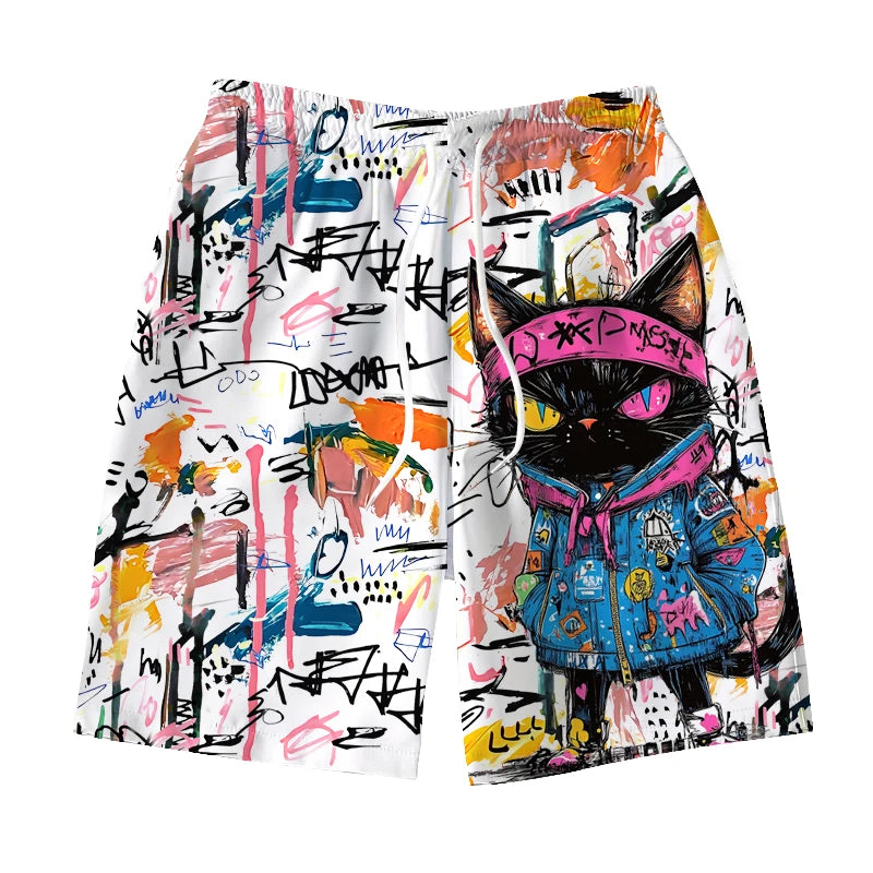 Cool Men's Hawaiian Swimming Trunks 3D Graffiti Kitten Macaron Shorts Quick-drying Outdoor Leisure Sports Fashion Men's Shorts