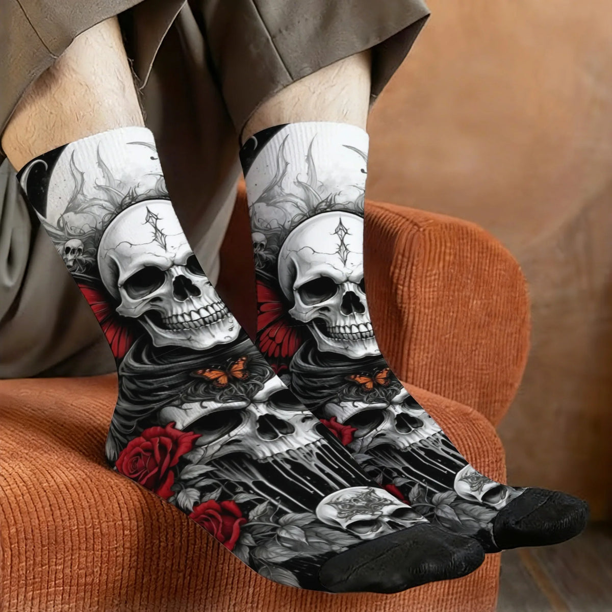 Dark Black Skull Rose and Butterfly Print Men's Mid-calf Socks Dark Mystical Rebellious Street Art Comfortable and Soft Socks