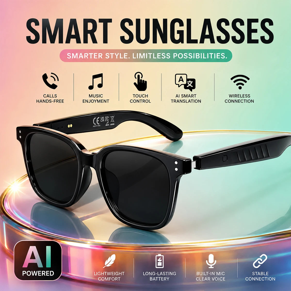 New Smart AI Translation Wireless Glasses with Audio Playback, Suitable for Work, Outdoor Activities, Cycling, and Beach Use