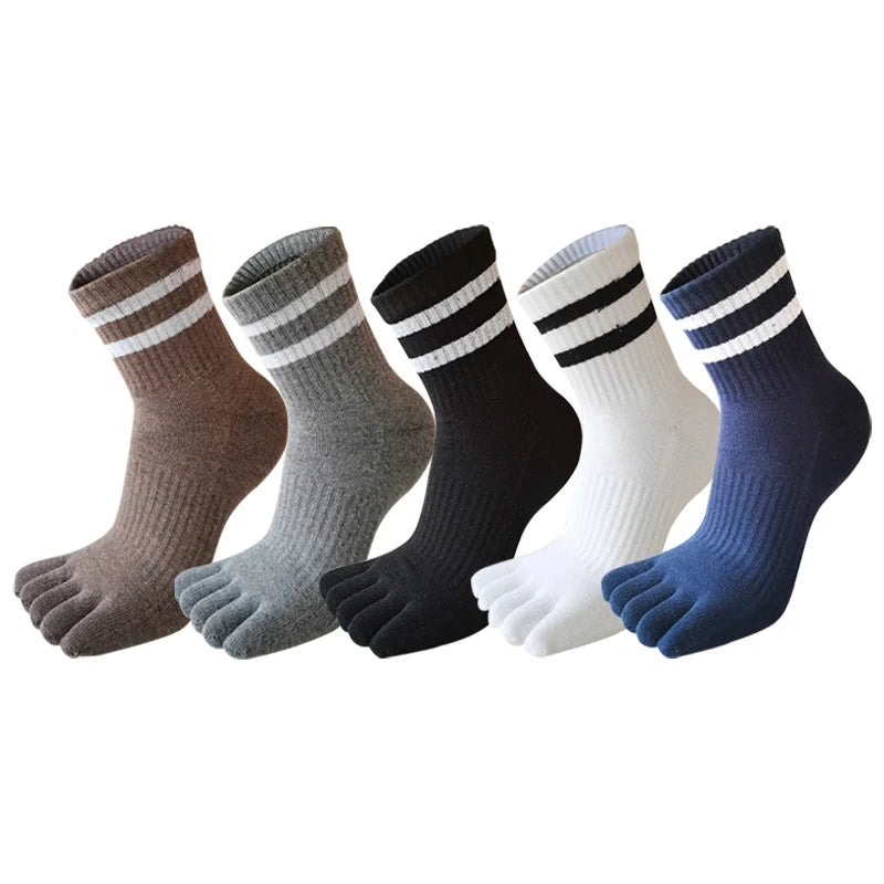 5 Pairs/lot Man Toe Sport Socks Compression Thick Cotton Black White Stripes Elastic 5 Finger Short Socks Outdoor Running Socks