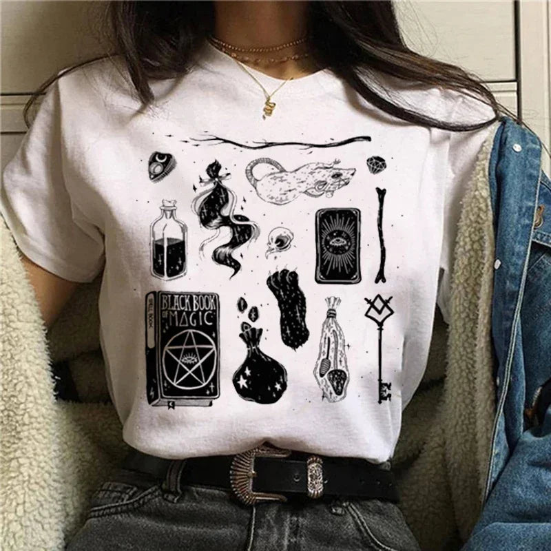 T-shirts Short Sleeve Harajuku Graphic Top Shirts Street Costume Women Cartoon Witch Magic Tshirt Halloween Print