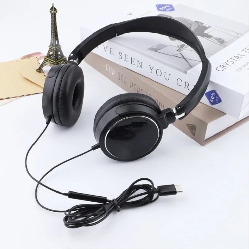 Type-C Wired Headphones 3 5mm Bass Stereo Foldable With Microphone Adjustable Headphones Suitable For Pc Mp3 Mobile Headphones
