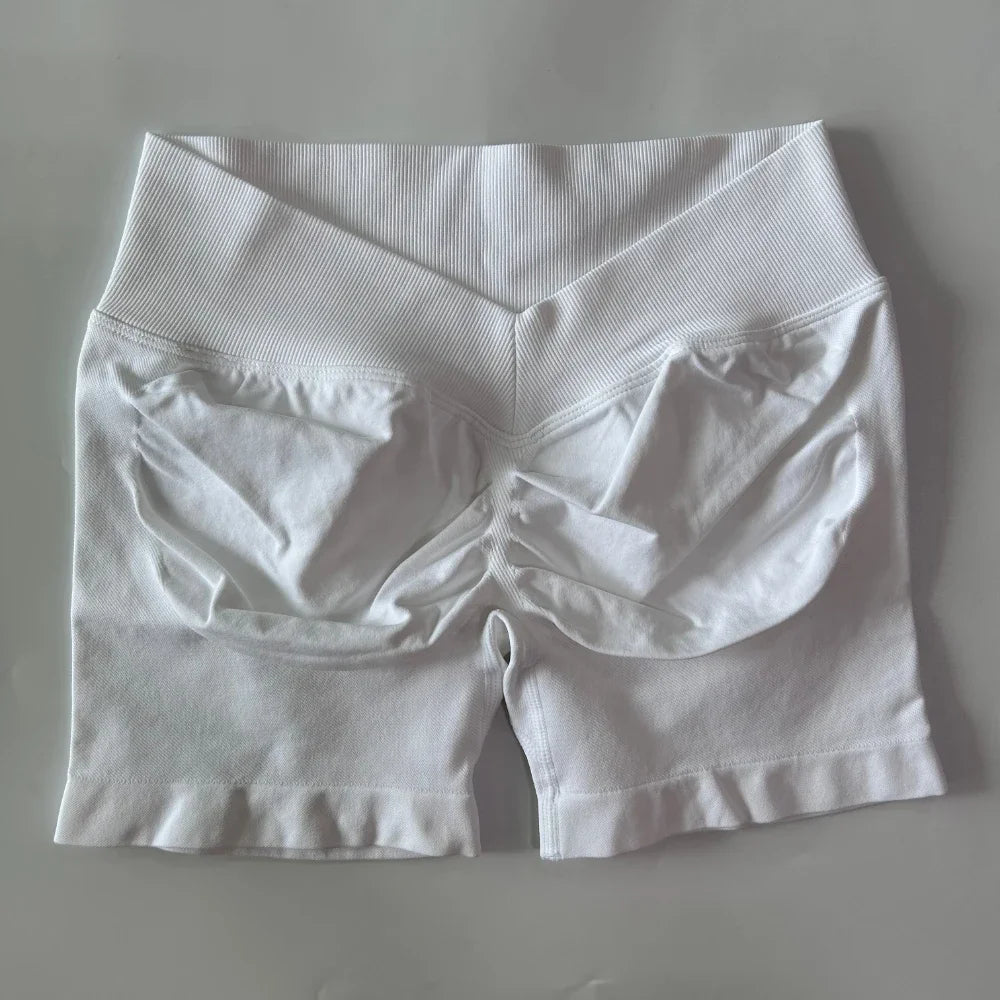 No Logo Women Back V Waist Yoga Shorts High Elastic Seamless Flex Scrunch Bum Workout Gym Shorts Yoga Booty Running Short Pants