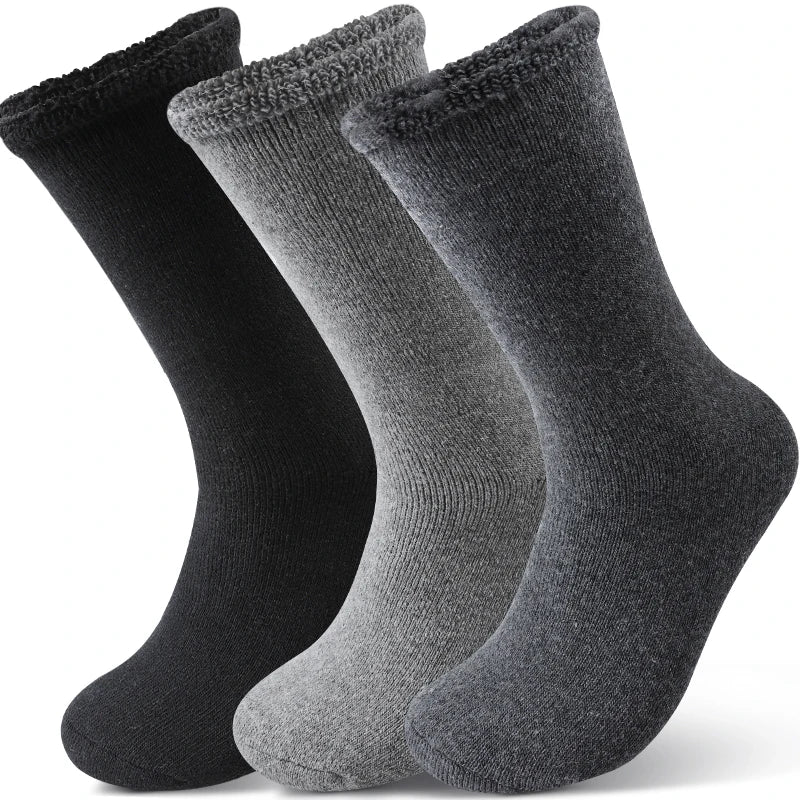 3Pairs Men's Fleece Lined Thermal Crew Socks Winter Plush Mid-Calf for Snow & Indoor Dark Solid Comfort Terry Socks Daily Wear
