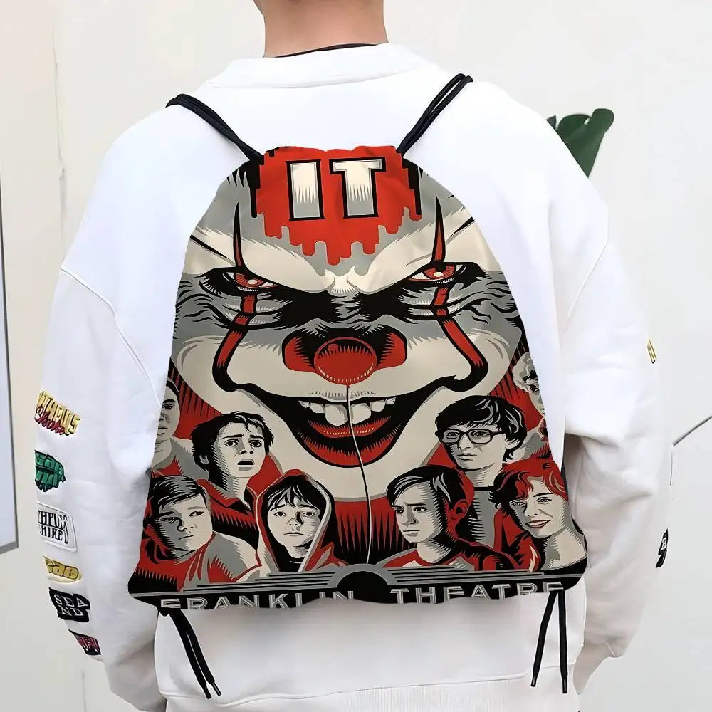 Horror Film I-It P-Pennywise Clown Drawstring Bags Sports Backpack Gym Sackpack Water Resistant String Bag For Cycling