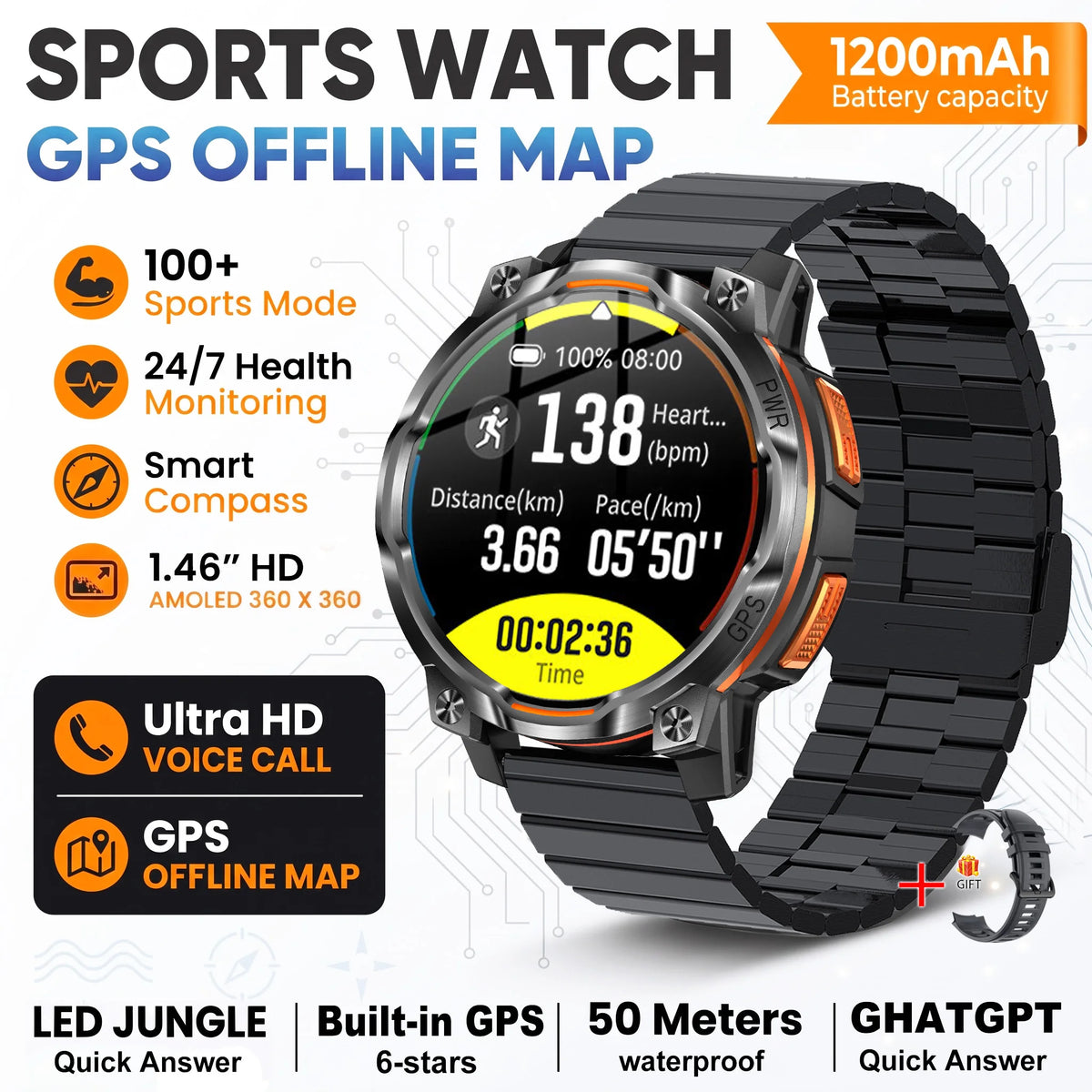 New Technology 2026 Offline Map GPS Smart Watch Men 1200mAh Battery Waterproof Compass Altimeter 100+Sports Military Smart Watch