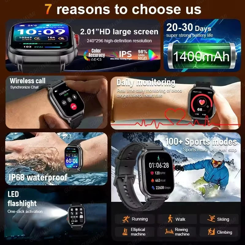 New1400mAh Large Battery Smart Watch 5ATM Waterproof LED Flashlight 100+ Sports Modes Heart Rate Fitness Tracker Men Smart Watch