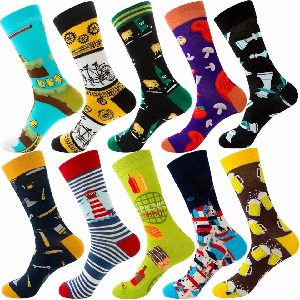 10 Pairs Lot Pack Men Women Couples Lover Socks New Arrival Rhombus Animal Christmas Cartoon Fruit Food Dot Cotton Happy Socks