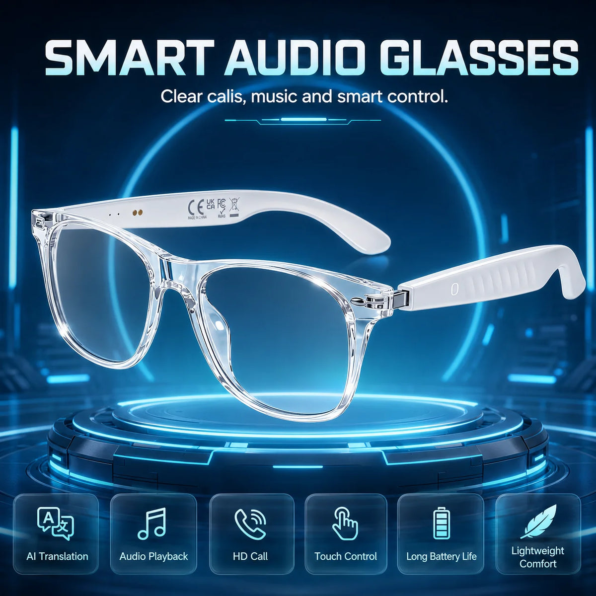 New Smart Translation Glasses with Dual-Touch Audio Playback and Hands-Free Calling