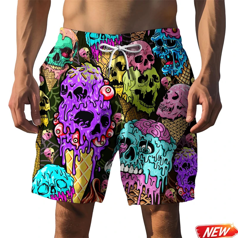3d Print Horror Skull Ice Cream Pattern Men Beach Shorts Colorful Skeleton Graphic Swim Trunks Gothic Street Summer Board Shorts